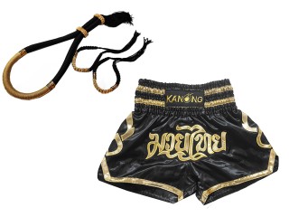 Mongkol Prajead sett med Muay Thai Shorts: Sett-Mongkol-ThaiStyle-Svart-Gull-121-Sort