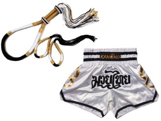 Mongkol Prajead sett med Muay Thai Shorts: Sett-Mongkol-ThaiStyle-Hvit-Sort-Gull-143-Hvit